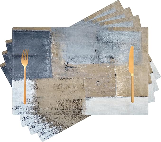 Grey Brown Placemats Set of 4 Modern Place Mats Indoor Abstract Art Table Mat Washable Linen Waterproof Heat Resistant Placemats for Dining Tables, 18 X 12 Inch