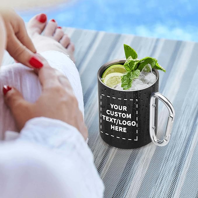 Custom Stainless Steel Mugs with Carabiner Handle 10 oz. Set of 100, Personalized Bulk Pack - Perfect for Coffee, Soda, Other Hot & Cold Beverages - Black