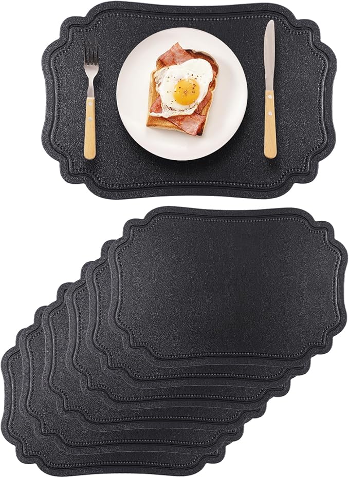XINYUN Black Placemats Set of 6 Reversible Faux Leather Place Mat Wipeable Heat Resistant Non Slip Anti Oil Waterproof Eco-Friendly Table Mats Patio Placemats for Dining Table, Large