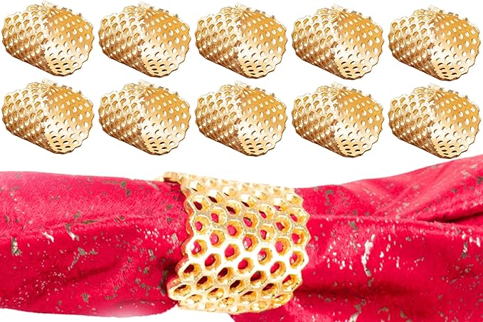 CLEENTABLE Decorative Honeycomb Napkin Rings 10 Pcs Elegant Dining Metal Serviette Holders for Home Décor, Christmas, Easter, Thanksgiving, and Everyday Dining Decor (Gold)