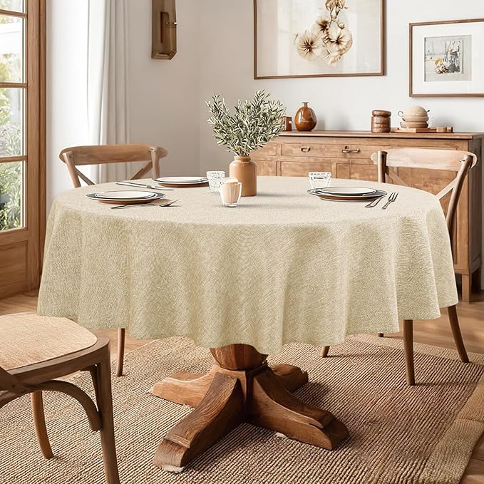 JIUZHEN Round Table Cloth Faux Linen Farmhouse Tablecloth Wrinkle and Stain Resistant Decorative Fabric Table Cover for Kitchen, Dining Room, Parties and Camping, Beige, 108 Inch Round