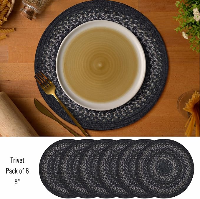 Homespice Jet Black Jute Braided Kitchen Trivets for Hot Dishes, Warm Primitive Decor, Set of 6, 8" Round Heat Resistant Mat - Rich Colors, Easy to Clean, Durable and Protects Furniture
