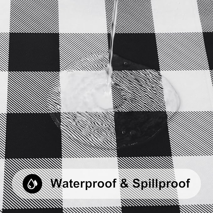 Smiry Rectangle Picnic Table Cloth, Elastic Waterproof Fitted Vinyl Tablecloths, Flannel Backed Buffalo Plaid Table Covers for Dining, Camping, Outdoor (Black and White, 36" x 96")