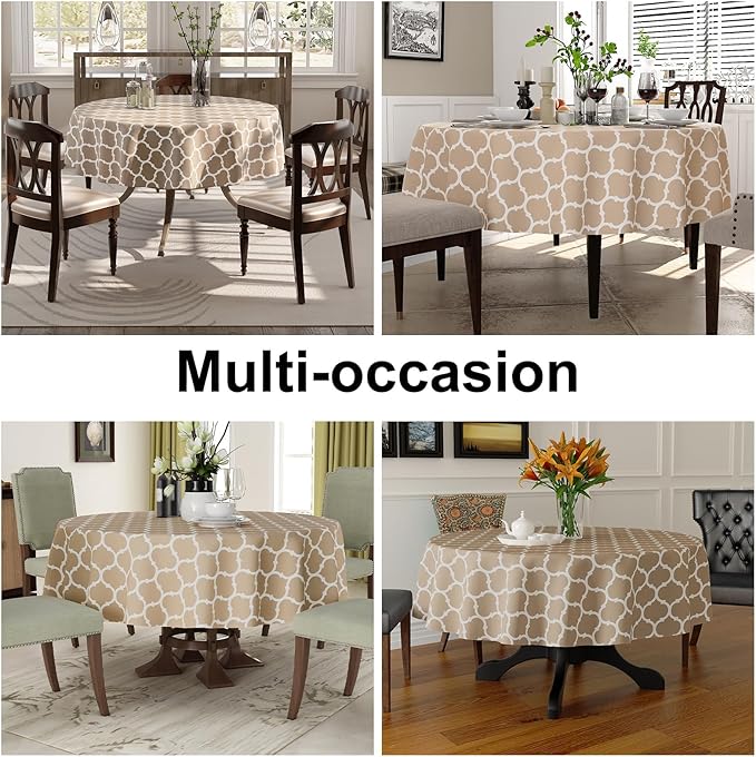 Smiry Round Plastic Table Cloth, Waterproof Vinyl Tablecloth with Flannel Backing for Round Tables, Wipeable & Spillproof for Dining, Camping, Indoor and Outdoor (60" Round, Khaki)