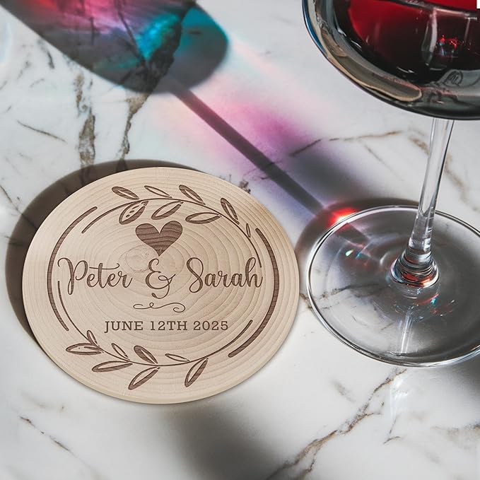 100 Pack Personalized Wedding Coasters, Custom Cardboard Coasters for Drinks with Photo Print and Text, Keepsake Wedding Favors and Gifts for Couples, 3.95" Round (Design 1)