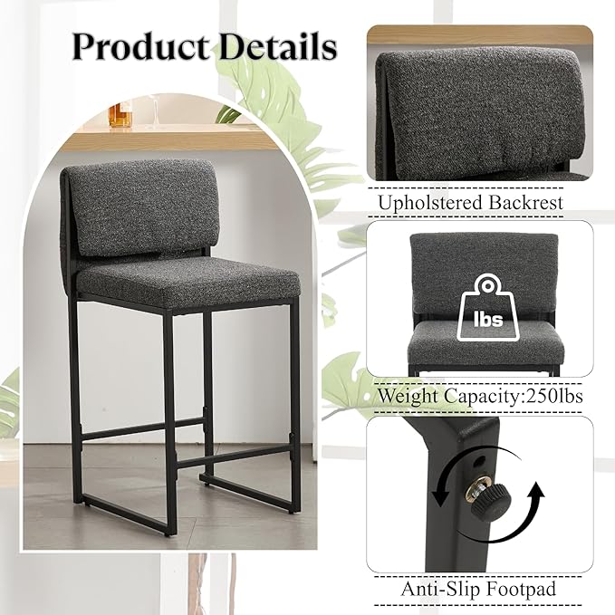 Modern Barstools Set of 4, 26” Upholstered Counter Height Bar Stools Sherpa Fabric Counter Stools with Padded Back Metal Frame for Kitchen Island Dining Room, Black