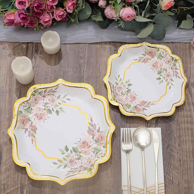 50 Pack 10" White/Gold Floral Print Scallop Rim Dinner Plates, Disposable Round Paper Party Plates 300 GSM for Festive Table Decoration