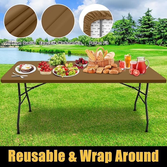 Smiry Rectangle Picnic Table Cloth, Waterproof Elastic Fitted Tablecloths for 4 Foot Tables, Washable Polyester Table Cover for Camping, Indoor and Outdoor (Brown, 30"x48")