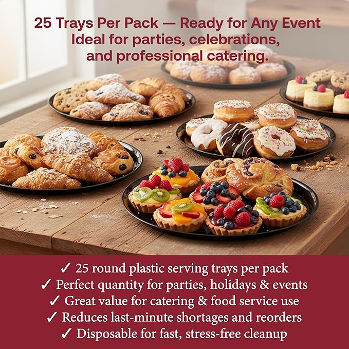 Smarty Had A Party 14 Inch Black Round Plastic Serving Tray – Heavy-Duty Plastic Serving Trays for Parties, Catering & Buffets, Elegant Disposable Party Platters & Trays – 25-Pack