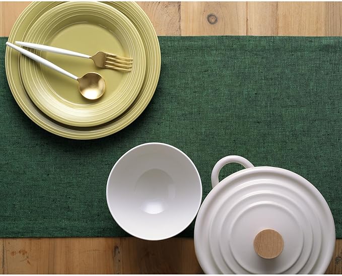 Solino Home Linen Table Runner 90 Inches Long - Athena, 100% Pure Linen Forest Green Table Runner 14 x 90 Inch for Dining, Winter, Easter, St Patricks Day