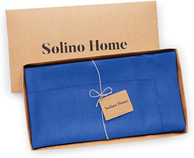 Solino Home Linen Square Tablecloth 52 x 52 Inch - 100% Pure Linen Royal Blue Table Throw - Classic Hemstitch, Machine Washable Table Cloth for Spring