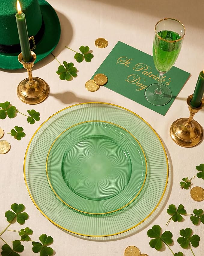 Hioasis 60pcs Green and Gold Plastic Plates - Green Disposable Dinnerware Set, 30pcs Dinner 10.25in & 30pcs Dessert 7.5in Plates with Striped Designs for Party & St. Patrick's Day