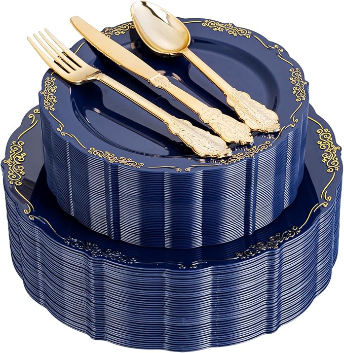 DaYammi 150Pcs Blue Plastic Plates Heavy Duty Navy Blue Disposable Plates with Gold Plastic Silverware include 30 Dinner Plate,30 Dessert Plate,90 Gold Silverware Set,blue plates for Party Dinner