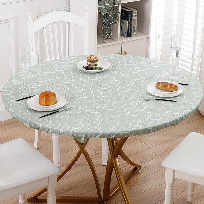 Walrus Round Vinyl Fitted Tablecloth with Flannel Backing Elastic Edge Design Table Cover Waterproof Oil-Proof PVC Table Cloth Stain-Resistant Best for 57"-66" Round
