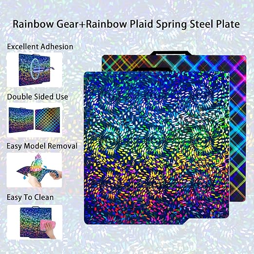 PEW PES Build Plate for Bambu 3D Printers, Smooth Rainbow Gear+Rainbow Plaid Build Plate Flexible Holographic Bed Plate 257x257mm for Bambu Lab X1C/X1/X1E/P1P/P1S/A1 3D Printer