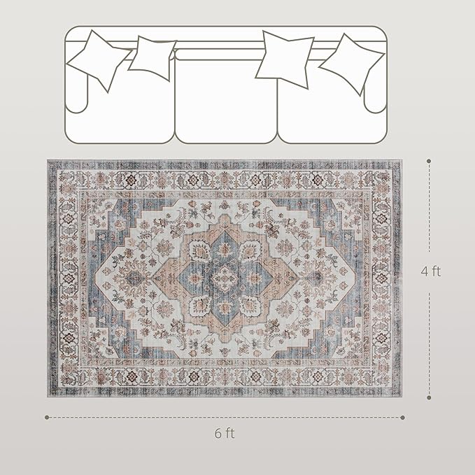 HOMCOM Washable Area Rug, 4'x6' Vintage Indoor Distressed Carpet, Retro Floor Cover Foldable, Floral Print Mat for Living Room, Bedroom, Dining Room, Brown and Light Blue