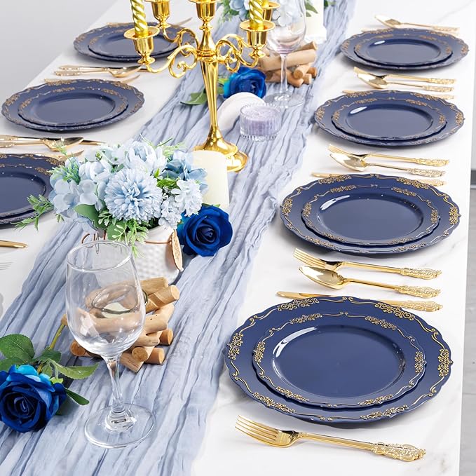 DaYammi 150Pcs Blue Plastic Plates Heavy Duty Navy Blue Disposable Plates with Gold Plastic Silverware include 30 Dinner Plate,30 Dessert Plate,90 Gold Silverware Set,blue plates for Party Dinner