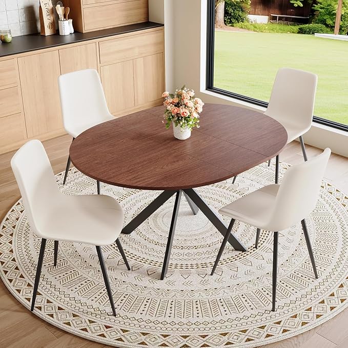 Round Dining Table Set for 4｜42"-54" Extendable Dining Room Table Set｜Wooden Kitchen Table with 4 Chairs｜Mid Century Modern Dinner Table Set with Cross Legs｜Easy Assembly｜Space Saving