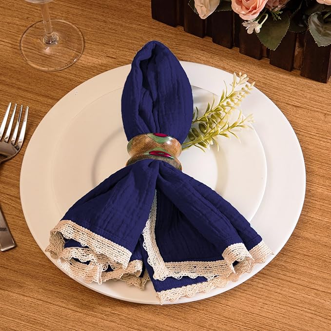 Fingercraft Dinner Cloth Napkin Cotton Muslin Double Gauze 8 Pack with Classic Lace for Everyday Use, Wedding, Party, Christmas, Easter Napkins Cloth are Pre Shrunk and Good Absorbency Navy