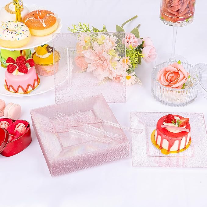 DaYammi 200 Pcs Pink Dessert Plates Including 100Pcs Appetizer plates 6'',100Pcs Plastic Forks 5.7'',Rose Glitter Plastic Square Plate for Wedding,Pink Cake plates and forks for Valentine's Day Party