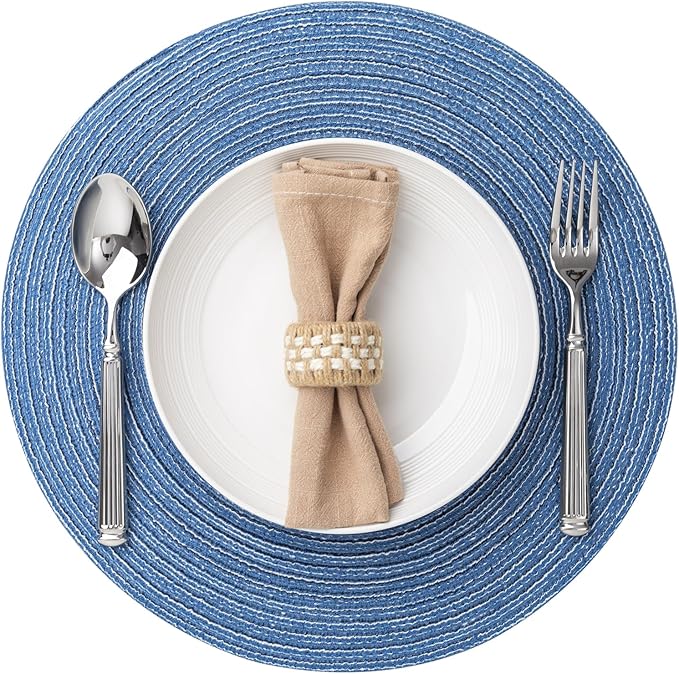 Round Placemats Set of 8 Woven Placemats Washable Braided Table Mats for Dining Table Heat Resistant Non-Slip Circle Place Mats(Mid Blue)