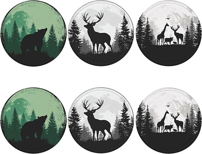 Deer Coasters Leather Round Drink Coasters 6 Pcs Set with Holderor for Cup Drink Coffee Table Bar Home Decor