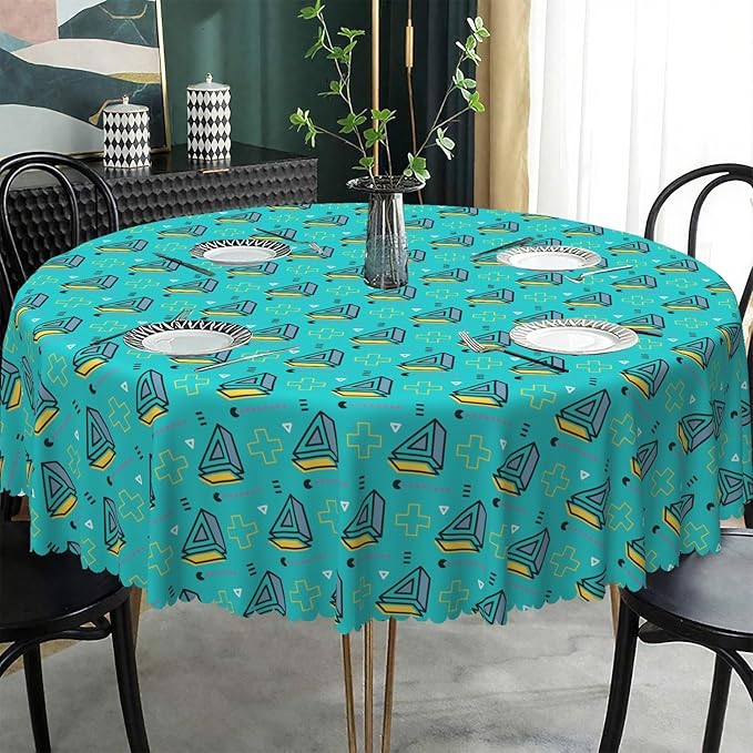 Laeacco 70 Inch Geometric Round Tablecloth Turquoise Triangle Pattern Modern Abstract Art Print Table Cloth Washable Waterproof Wrinkle Free Table Cover for Kitchen Dining Picnic Party Decoration