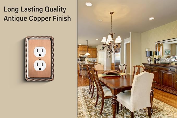 Henne Bery Rope Edge Decorative Wall Plate Switch Plate Outlet Cover (Single Duplex, 3 Pack, Antique Copper)