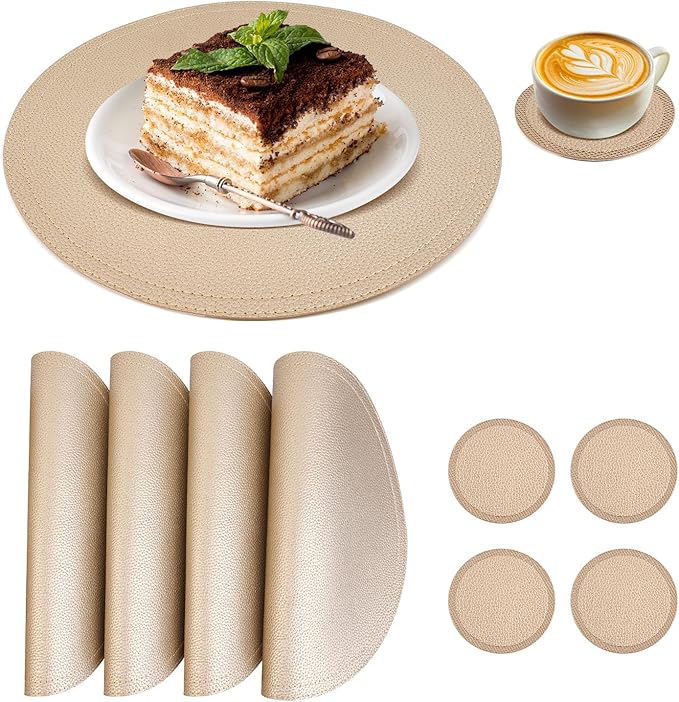 Set of 4 Faux Leather Gold Round Placemats and Coasters, Coffee Mats Kitchen Table Mats, Waterproof, Easy to Clean for Kitchen Dining Round Table