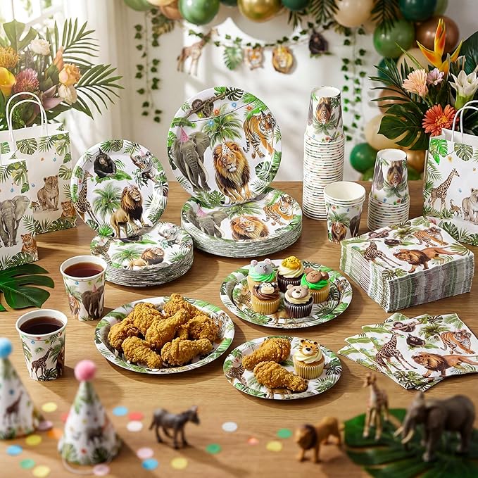 Pickmesh 250 Pcs Jungle Birthday Disposable Tableware Set Safari Animals Themed Disposable Paper Plates Napkins and Cups for Wild Animals Zoo Safari Baby Shower Birthday Wedding Party Supplies