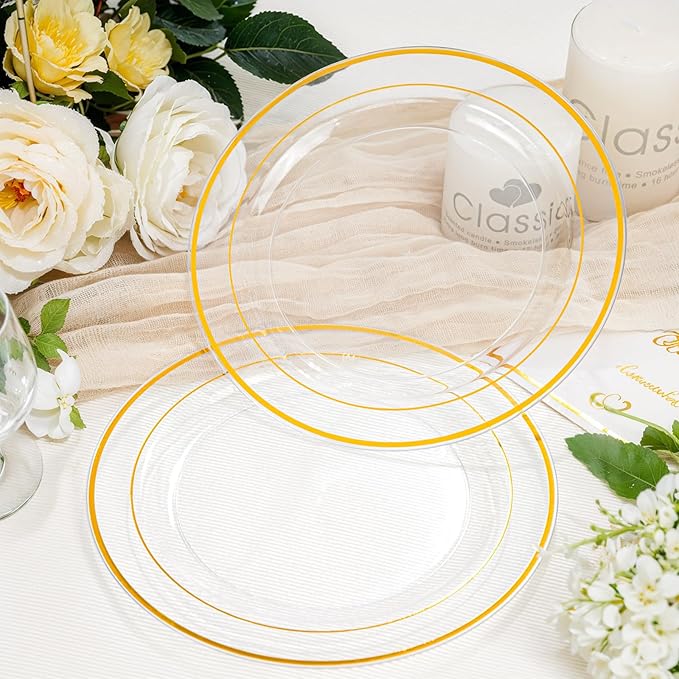 bUCLA 100 Pieces Clear Gold Plastic Plates Disposable - 6.25 Inch Clear Plastic Dessert Plates with Gold Trim for Party, Wedding & Thanksgiving