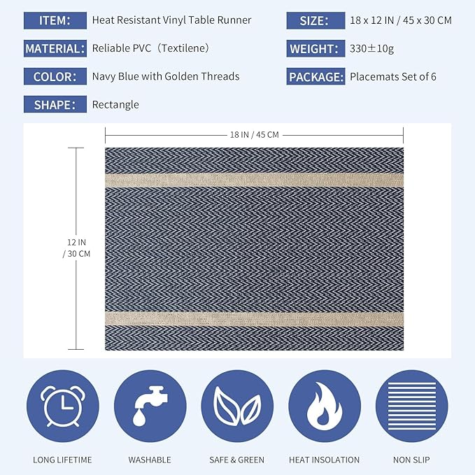 FAVE Placemats Set of 4 Blue Placemats Woven with Golden Thread Durable Wipeable Vinyl Placemats Table Mats Set of 4 for Wedding, Banquet, Birthday, Party, Restaurant Decorations(Blue, 12"x18"-4PCS)