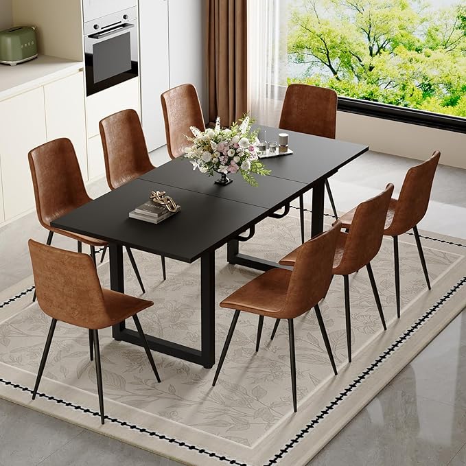 Extendable Dining Table Set for 8, 55"–71" Modern Black Kitchen Table with 8 Upholstered Chairs, Space-Saving for Living Room Apartment, Sturdy & Comfortable, Easy Assembly