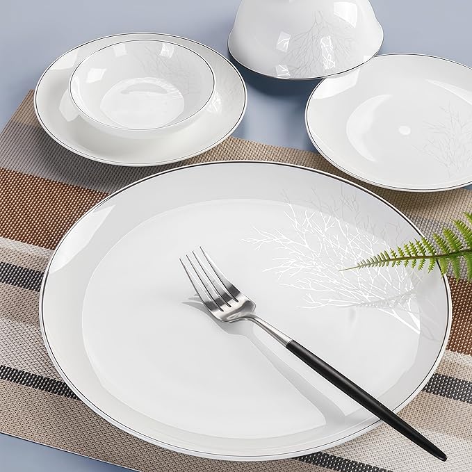 Fine Bone China Dinnerware Set,Porcelain&Ceramic Dinnerware Sets,Bone Stoneware&Ceramic Cookware Tableware Set Includes Dinner Plates|Spoons|Pasta Bowls|Soup Pot|Chopsticks (28PCS * 6-Person Set)