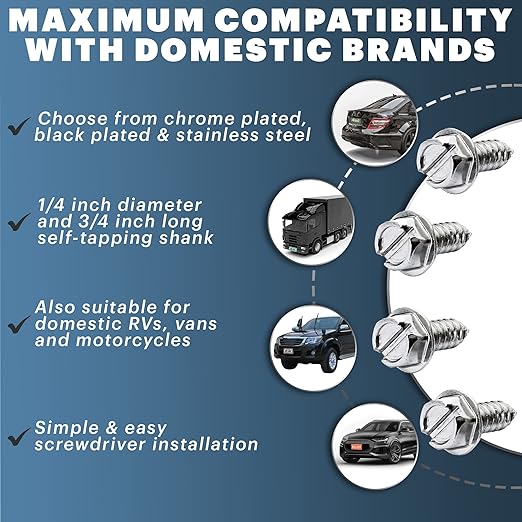 Chrome License Plate Screw Kit - Set of 4 Stainless Steel Fasteners for License Plates, Frames, and Covers on Domestic Cars, Trucks, Vans, SUVs - Rustproof, Self Tapping Mounting Bolts (Chrome Plated)