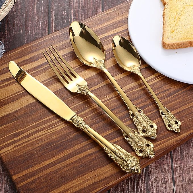 Gold Silverware Set 18/10 Stainless Steel Flatware Sets Palace Style 48 Piece Delicate Cutlery Set for 12 Durable Home Kitchen Wedding Tableware Utensil Include Knifes Teaspoons Forks and Spoons