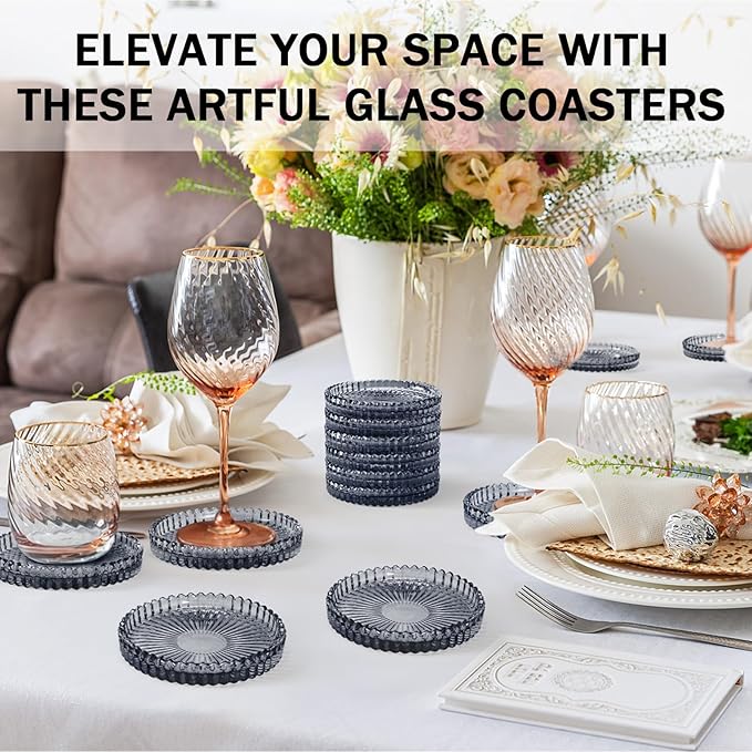 Vintage Glass Coasters, GOH DODD Set of 6 Crystal Coasters Tabletop Protection for Drinks, Home Decor, Kitchen, Living Room, Patio, Wedding, Party, Housewarming Gifts, Clear Black