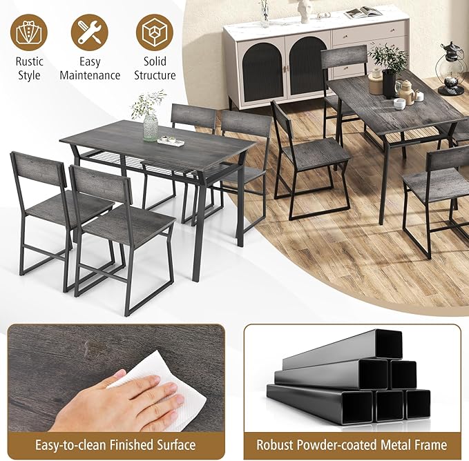 Giantex Dining Table Set for 4, 47”L x 28”W Rectangular Kitchen Table w/ 4 Trapezoid Chairs, Reinforced Metal Frame & Storage Rack, Industrial Space-Saving Dinette Set for Kitchen Dining Room (Grey)