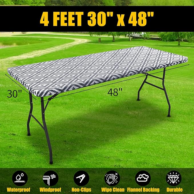 Smiry Rectangle Table Cloth Cover, Waterproof Elastic Fitted Picnic Tablecloth for 4 Foot Tables, Wipeable Flannel Backed Vinyl Tablecloths for Camping, Dining, Outdoor (Grey, 30" x 48")