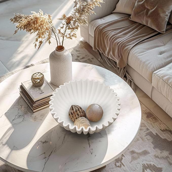 Large Decorative Bowl, Modern Handicraft Bowls for Home Decor, Decorative Fruit Bowl for Kitchen Counter, Ruffle Bowl Decor, Stylish Key Bowl for Entry Table, White