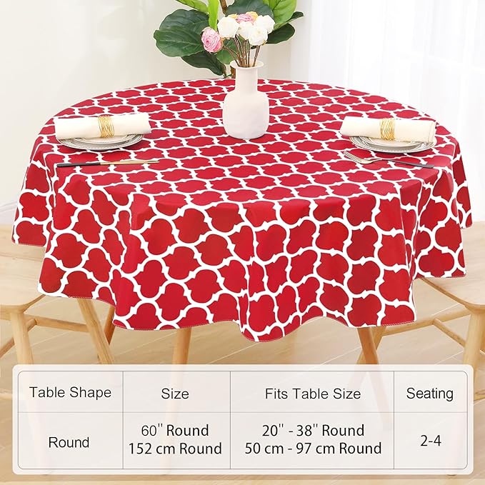 Smiry Round Plastic Table Cloth, Waterproof Vinyl Tablecloth with Flannel Backing for Round Tables, Wipeable Spillproof Tablecloths for Dining, Camping, Indoor and Outdoor (60" Round, Red)