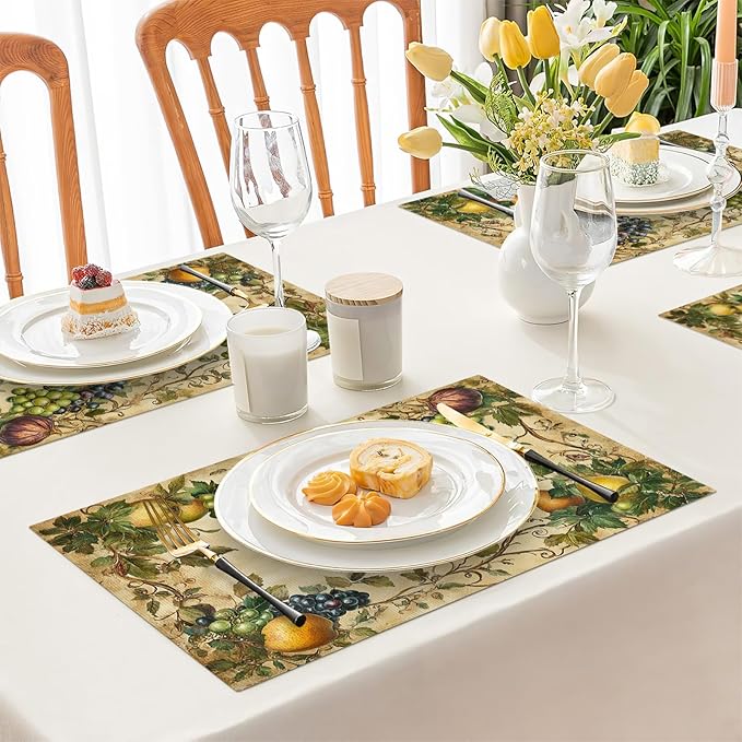 Fruit Placemats Set of 6, Fruits Grape Table Mats, Washable Place Mats for Home Party Indoor Kitchen Dining Table Decoration 12x18 Inch