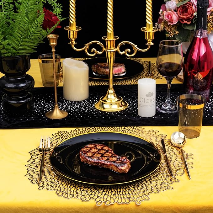 EI 180pcs Black Plastic Plates Black and Gold Disposable Plates Gold Plastic Dinnerware Set Silverware and Cups for Birthday,Wedding,Festival,Party Graduation,Spring Afternoon Tea Business Event