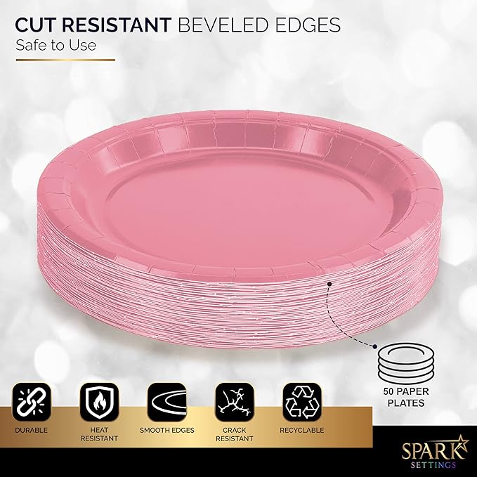 Disposable Paper Plates Pink, 7 Inch Paper Dessert Plates, Strong and Sturdy Disposable Plate for Party, Dinner, Holiday, Picnic, or Travel Party Plate, Pack of 50