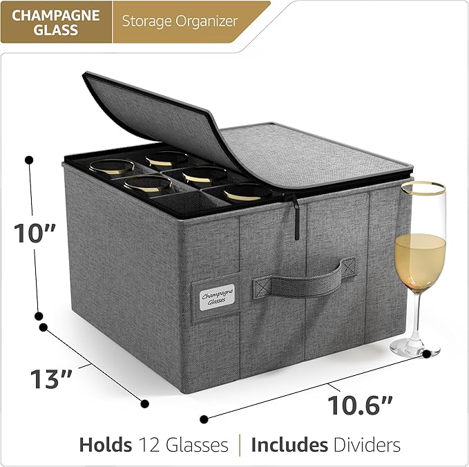 Sorbus China Storage Containers – Dinnerware Organizer for Champagne Flute Glasses with Lid (Holds Service for 12) with Felt Protectors – 13" x 10" x 10.6"