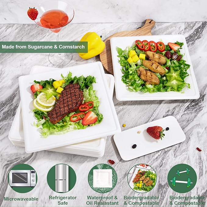 SUT 10-Inch Compostable Paper Plates, 100 PCS Square Biodegradable Bagasse Plates, Heavy-Duty Microwaveable Plates, Eco-Friendly Natural Disposable Plates, Made of Sugarcane Fibers, for Party, Picnic