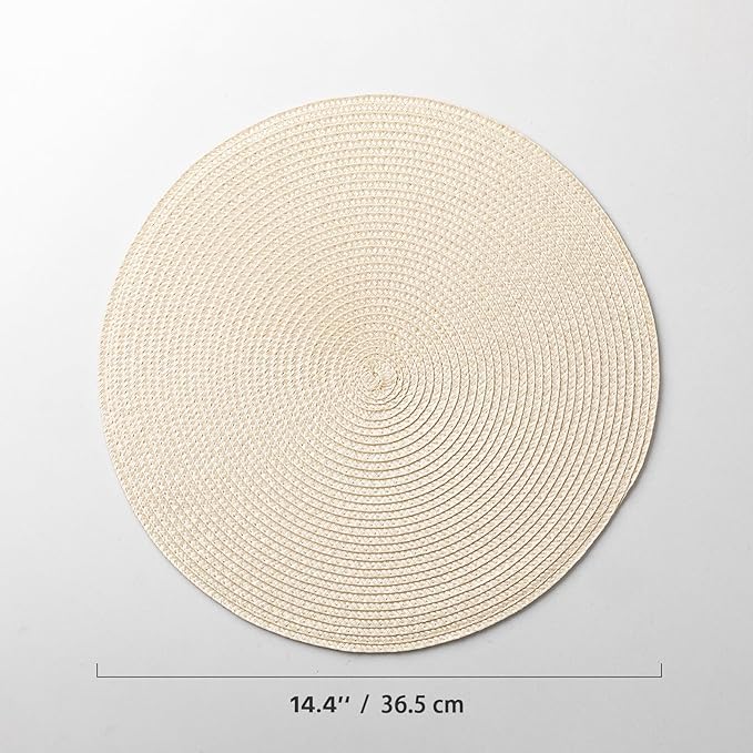 Round Placemats Set of 12 Plastic Woven Placemats Washable Wipeable Table Mats for Dining Table Heat Resistant Non-Slip Circle Place Mats (Beige)
