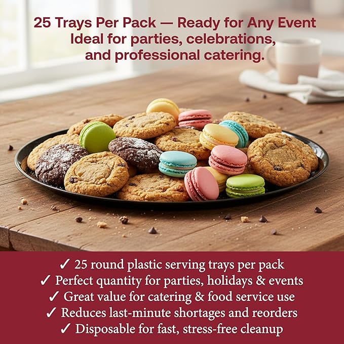 Smarty Had A Party 12 Inch Black Round Plastic Serving Tray – Heavy-Duty Party Platters & Catering Trays, Reusable or Disposable Plastic Trays for Serving Food, Elegant Party Tray Set of 25