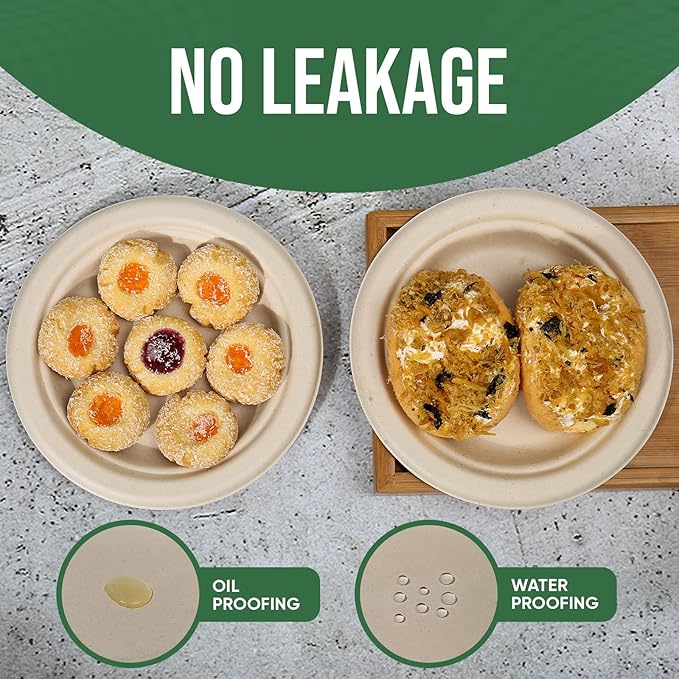 Disposable Plates 100% Compostable Heavy Duty - 9 Inch paper plates bulk for Party, Dinner, Cake, Dessert, Snacks Eco-Friendly Brown