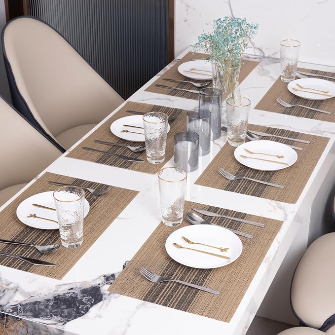Winknowl Placemats Set of 8, Washable Vinyl Woven Placemats, Heat Resistant & Wipeable Table Mats for Kitchen Dining Table (Brown)
